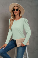 Waffle-Knit Puff Sleeve Round Neck Top S-2XL