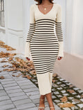 Striped V-Neck Long Sleeve Sweater Dress S-XL