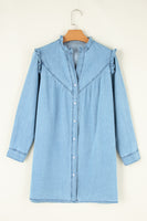 Button Up Notched Long Sleeve Denim Dress S-XL