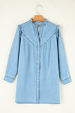 Button Up Notched Long Sleeve Denim Dress S-XL