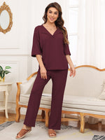 Ribbed Half Sleeve Top and Pocketed Pants Set S-2XL