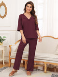 Ribbed Half Sleeve Top and Pocketed Pants Set S-2XL