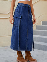 Slit Pocketed High Waist Denim Skirt S-2XL