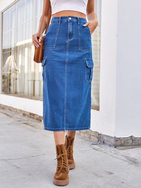 Slit Midi Denim Skirt with Pockets S-2XL