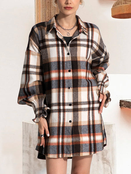 FAM-FAM Button Up Plaid Long Sleeve Shirt Dress S-XL