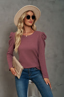 Waffle-Knit Puff Sleeve Round Neck Top S-2XL