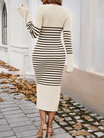 Striped V-Neck Long Sleeve Sweater Dress S-XL