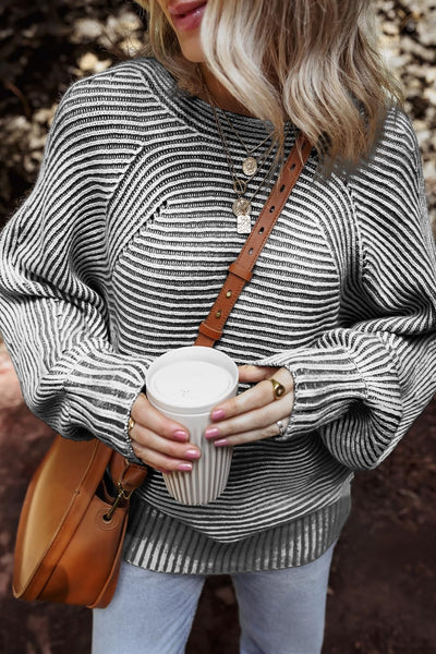 Textured Striped Round Neck Long Sleeve Top S-L