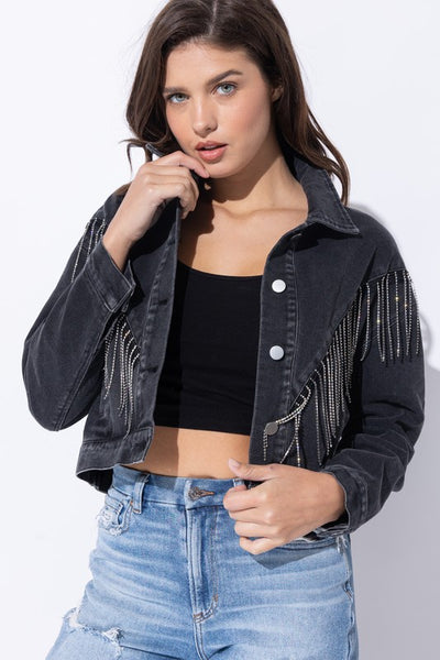 CROP DENIM JACKET WITH RHINESTONE FRINGE S-L