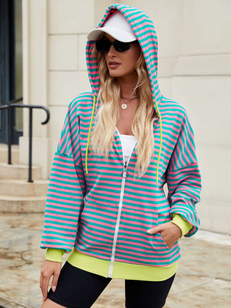 Drawstring Striped Zip Up Long Sleeve Hoodie S-2XL