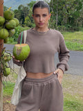 Waffle-Knit Round Neck Top and Pants Set S-XL