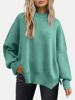 Round Neck Drop Shoulder Slit Sweater S-XL