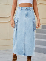 Slit Pocketed High Waist Denim Skirt S-2XL