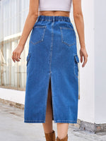 Slit Midi Denim Skirt with Pockets S-2XL