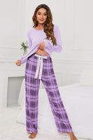 Round Neck Long Sleeve Top and Bow Plaid Pants Lounge Set S-XL