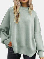 Round Neck Drop Shoulder Slit Sweater S-XL