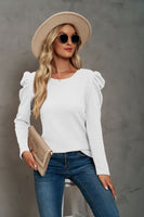 Waffle-Knit Puff Sleeve Round Neck Top S-2XL