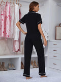 Contrast Piping Lapel Collar Short Sleeve Top and Pants Pajama Set (S-XL)