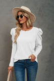 Waffle-Knit Puff Sleeve Round Neck Top S-2XL