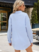 Pocketed Striped Collared Neck Long Sleeve Shirt S-2XL