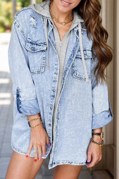 Distressed Button Up Long Sleeve Denim Jacket S-XL