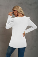 Waffle-Knit Puff Sleeve Round Neck Top S-2XL