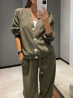 Full Size Button Up Long Sleeve Top and Pants Set S-5XL