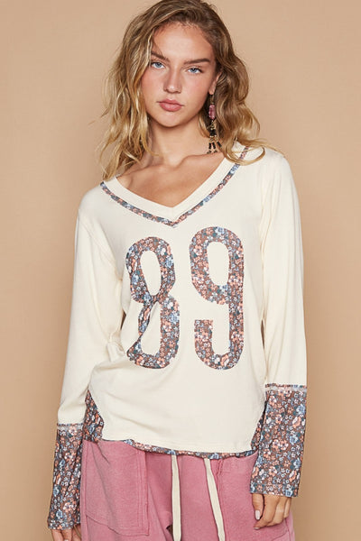 POL V-Neck Long Sleeve Floral Number Patch T-Shirt S-L