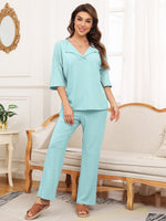 Ribbed Half Sleeve Top and Pocketed Pants Set S-2XL