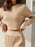 Waffle-Knit Round Neck Top and Pants Set S-XL