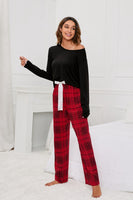 Round Neck Long Sleeve Top and Bow Plaid Pants Lounge Set S-XL