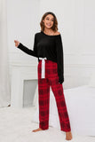 Round Neck Long Sleeve Top and Bow Plaid Pants Lounge Set S-XL