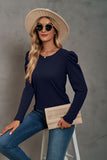 Waffle-Knit Puff Sleeve Round Neck Top S-2XL