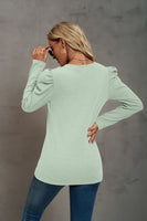 Waffle-Knit Puff Sleeve Round Neck Top S-2XL