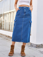 Slit Midi Denim Skirt with Pockets S-2XL