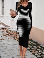 Striped V-Neck Long Sleeve Sweater Dress S-XL