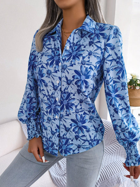 Floral Collared Neck Long Sleeve Shirt S-XL