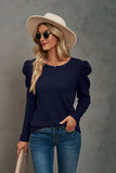 Waffle-Knit Puff Sleeve Round Neck Top S-2XL