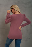 Waffle-Knit Puff Sleeve Round Neck Top S-2XL