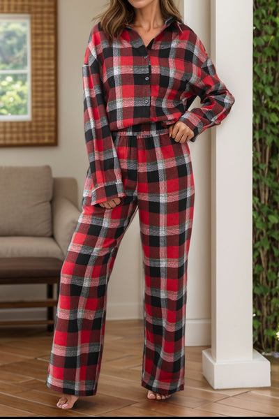 Plaid Long Sleeve Top and Pants Lounge Set S-XL