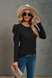 Waffle-Knit Puff Sleeve Round Neck Top S-2XL