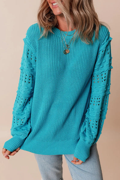 Openwork Frill Round Neck Long Sleeve Sweater S-XL