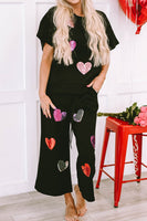 Heart Sequin Short Sleeve Top and Drawstring Pants Lounge Set S-2XL