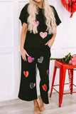 Heart Sequin Short Sleeve Top and Drawstring Pants Lounge Set S-2XL