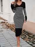 Striped V-Neck Long Sleeve Sweater Dress S-XL