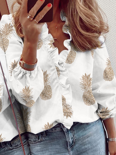 Ruffled Printed V-Neck Long Sleeve Blouse S-2XL