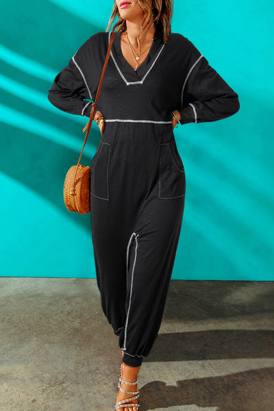 Contrast Stitching Pocketed Dropped Shoulder Jumpsuit S-XL