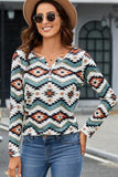 Printed Notched Neck Long Sleeve Top S-XL