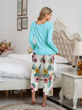 Pajamas Round Neck Top and Printed Pants Lounge Set