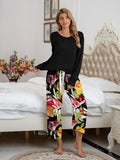 Pajamas Round Neck Top and Printed Pants Lounge Set